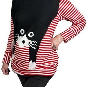 Red and White Striped Happy Flat Cat Sweater with Crew Neck and Side Ruching